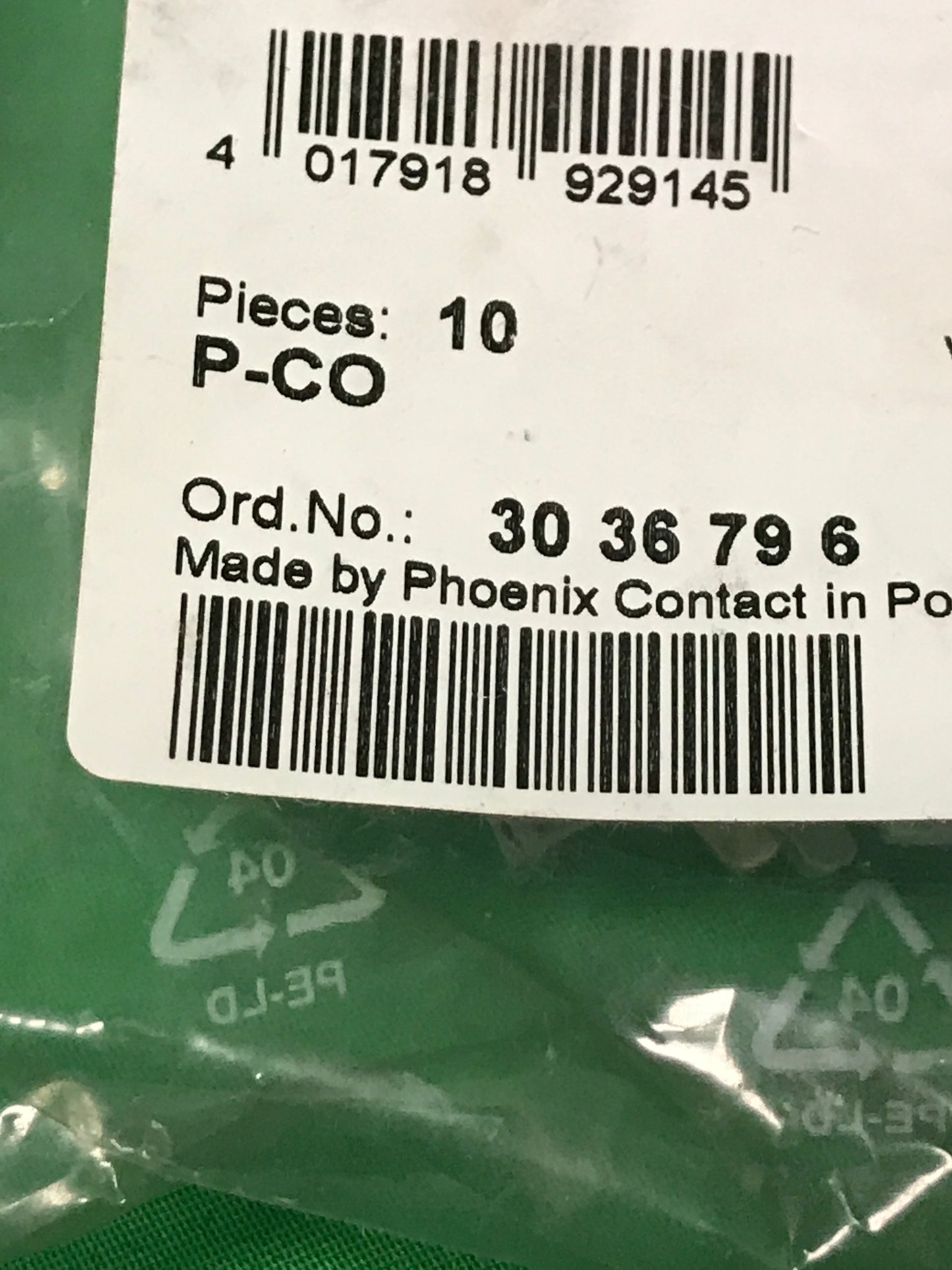 PHOENIX CONTACT P-CO PCO ORDER NO:3036796 BOX OF 10 UNITS