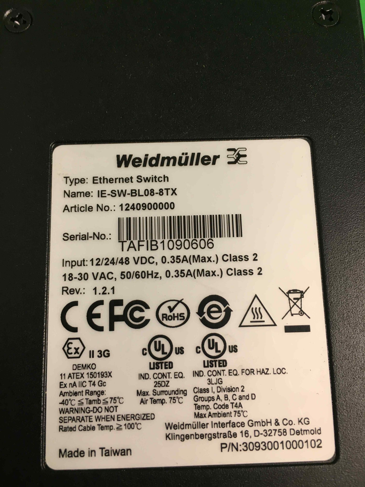 WEIDMULLER IE-SW-BL08-8TX IESWBL088TX ARTICLE NO: 1240900000
