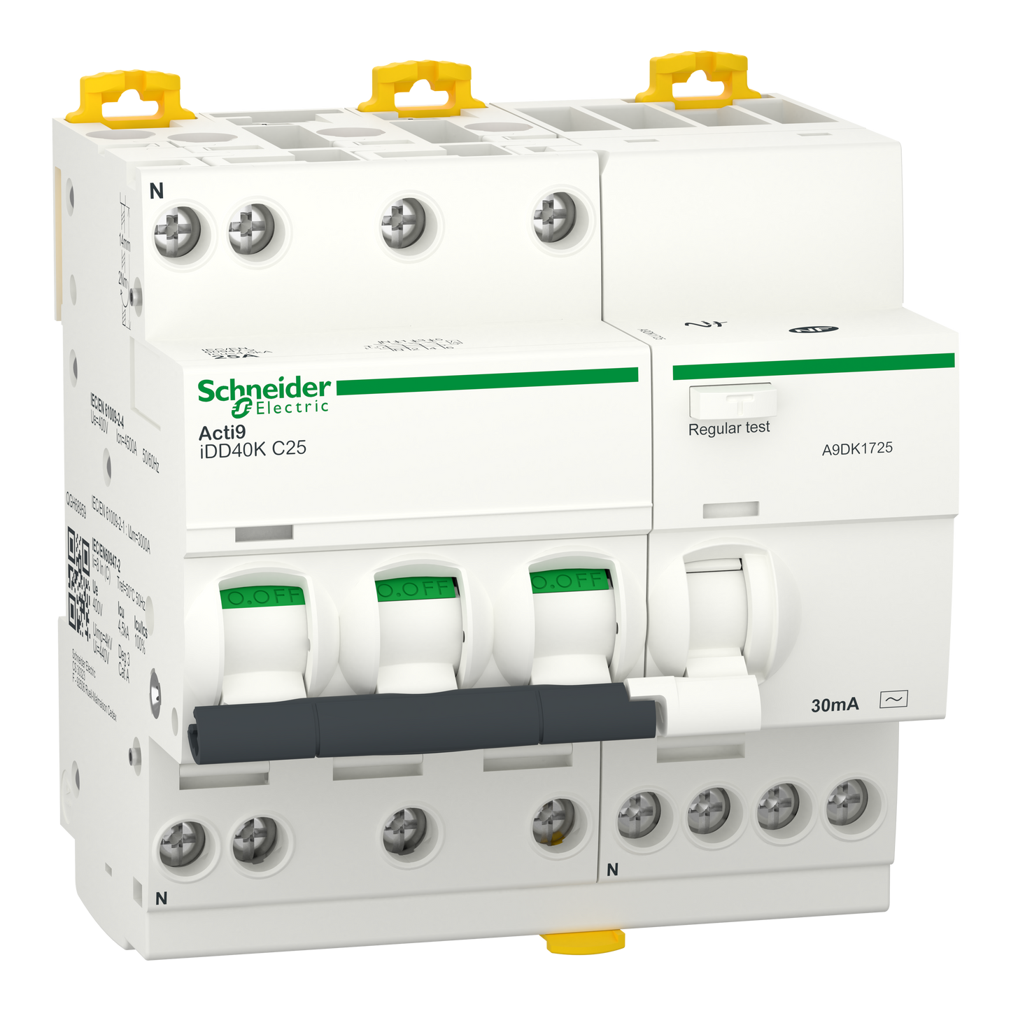 Schneider Electric-A9DK1725-Acti9 iDD40K - Disjoncteur dif - 3P+N - 25A - Crb C 4500A/4,5kA - 30mA Type AC