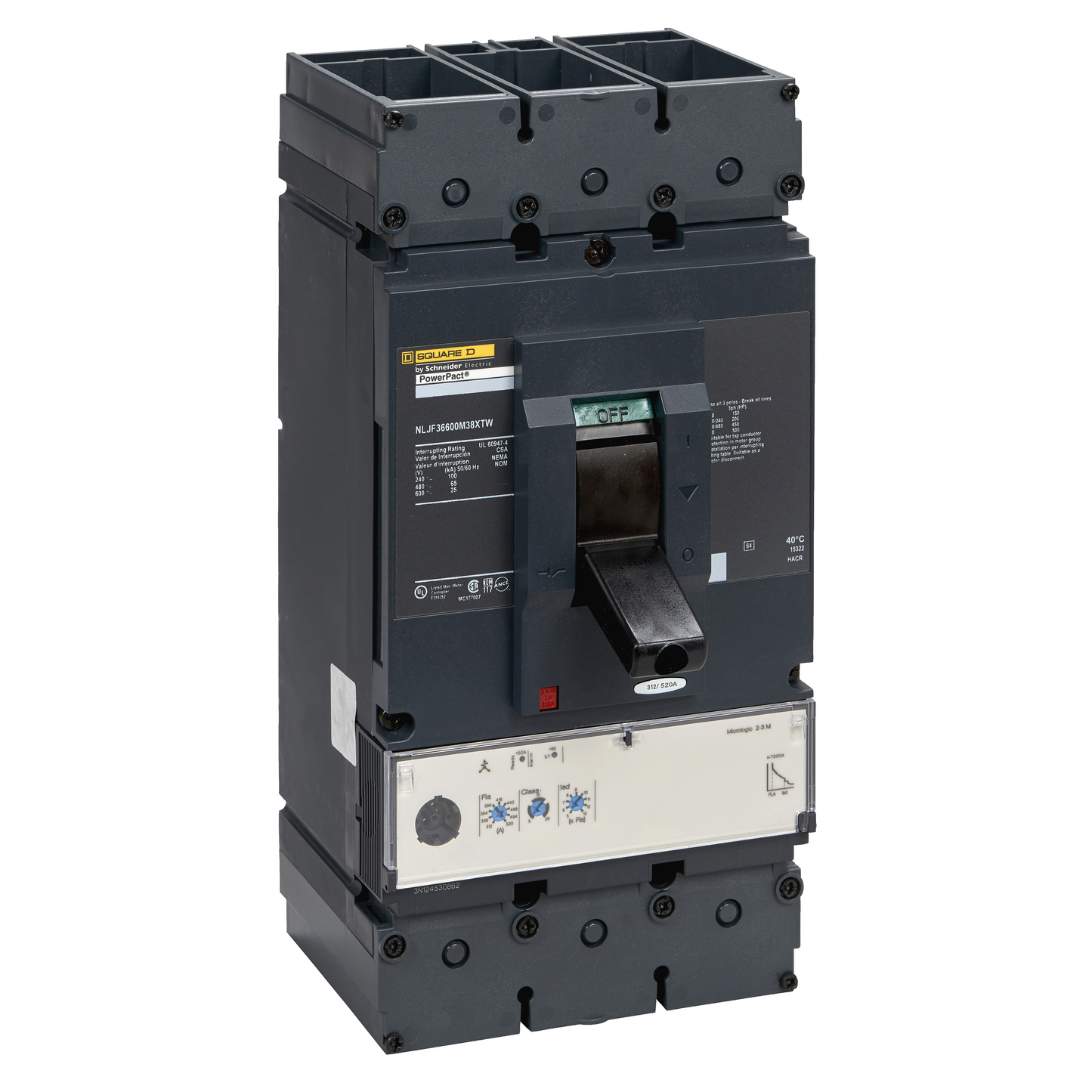 Schneider Electric-NLJF36600M38XTW-PowerPact L - disjoncteur 600A - avec bornes - 65kA Micrologic 2.2 M 600A 3P 3d