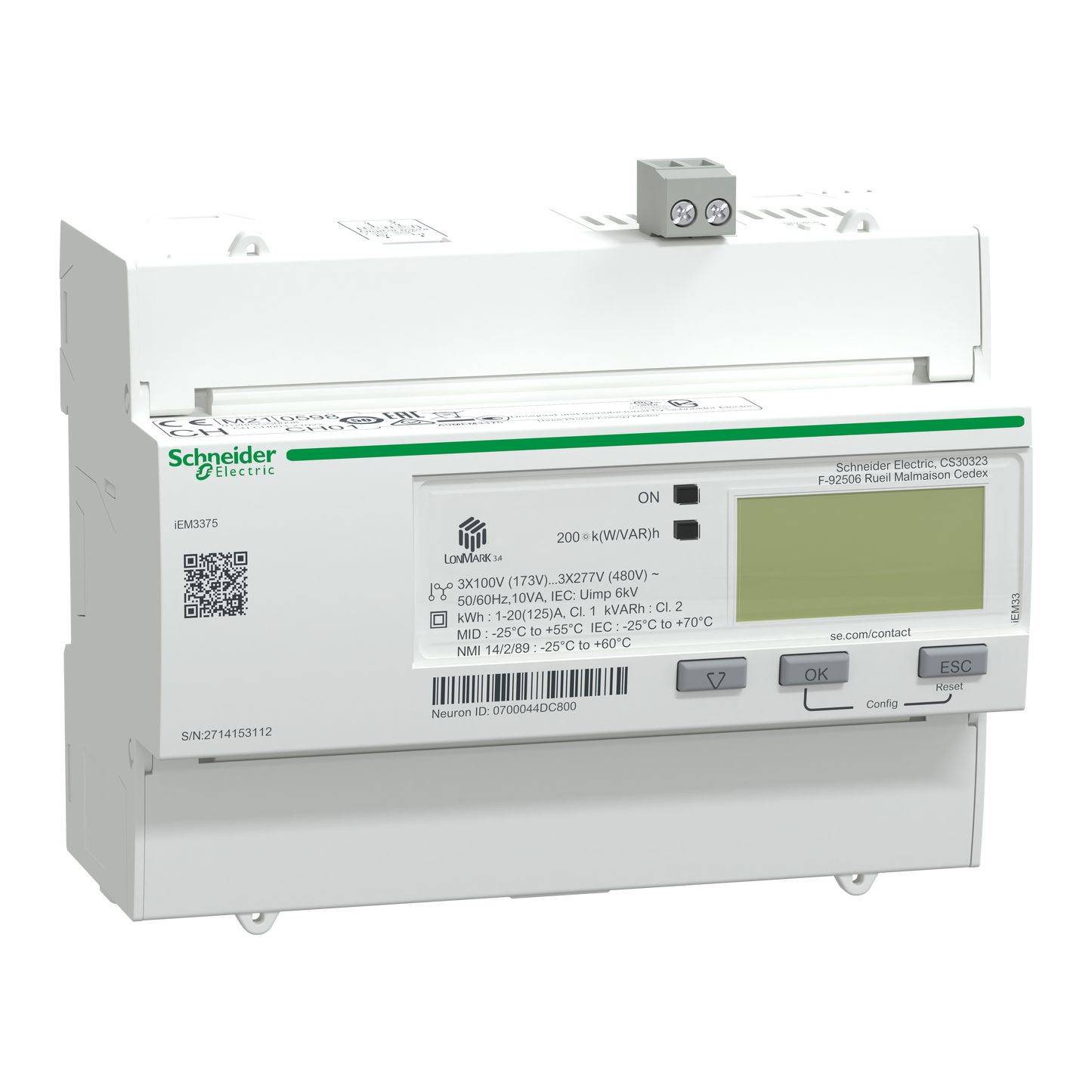 Schneider Electric-A9MEM3375-Acti9 iEM - compteur d'énergie tri - 125A - multitarif - LON - MID