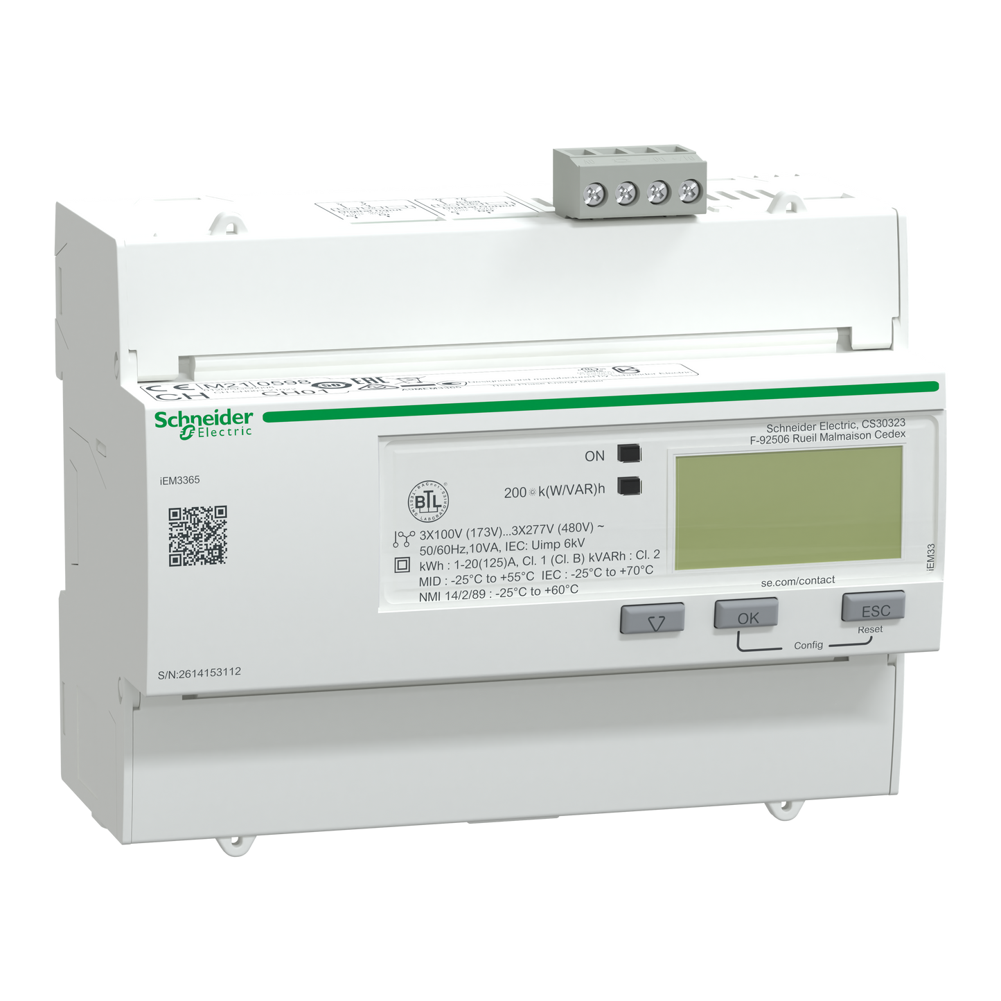 Schneider Electric-A9MEM3365-Acti9 iEM - compteur d'énergie tri - 125A - multitarif - alarm.kW - BACnet, MID