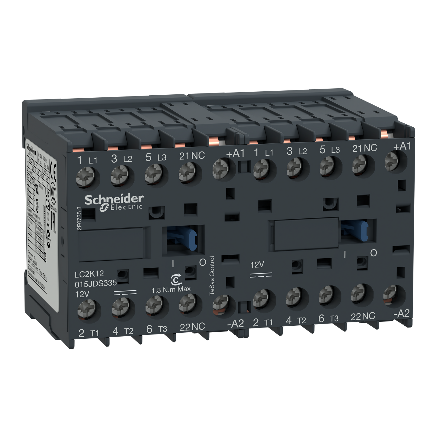 Schneider Electric-LC2K12015JDS335-TeSys K - contacteur inv. EN 60335 3P(3 NO) + 1NF - AC3 <=440V 12A - 12Vcc - CI