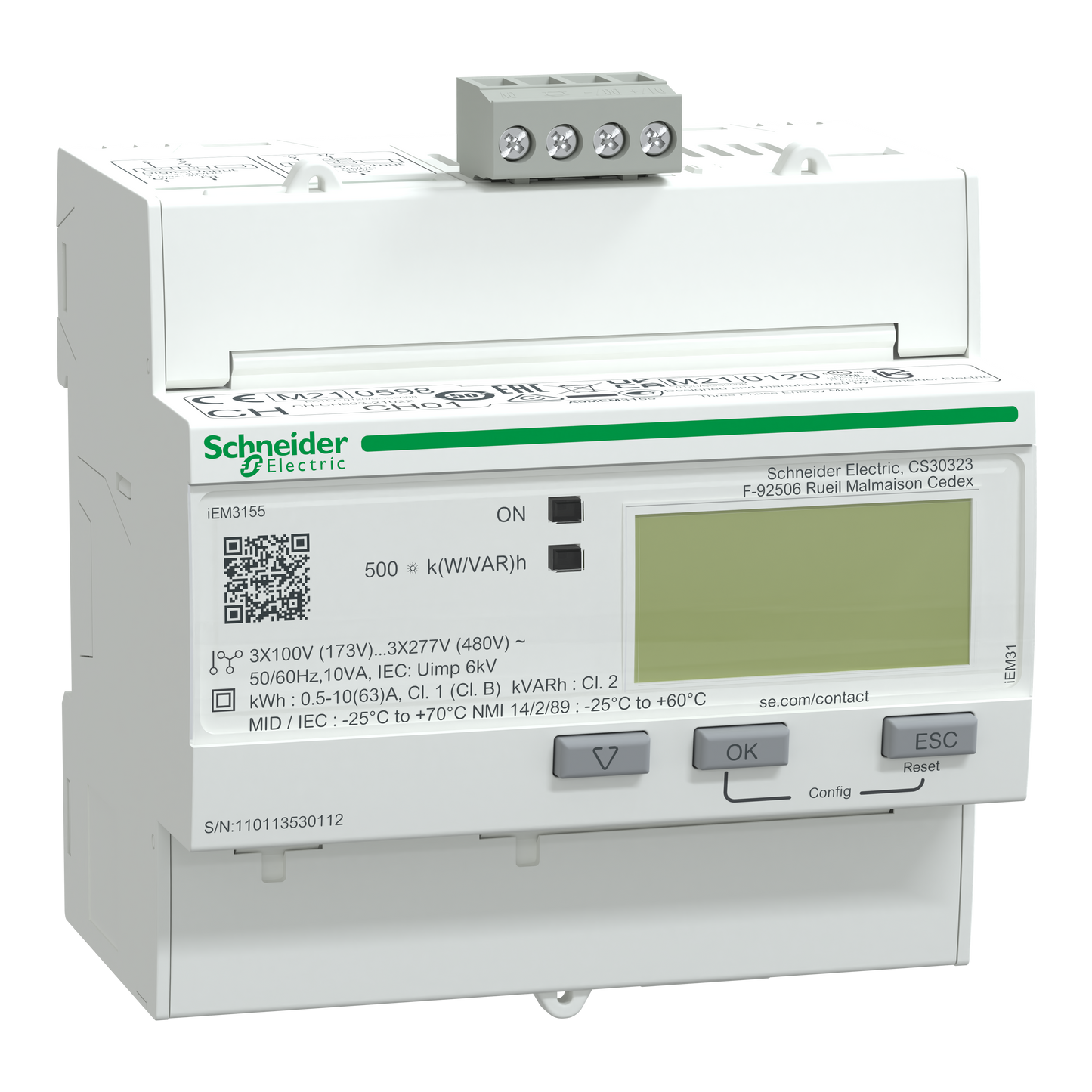 Schneider Electric-A9MEM3155-Acti9 iEM - compteur d'énergie tri - 63A - multitarif - alarme kW - Modbus - MID