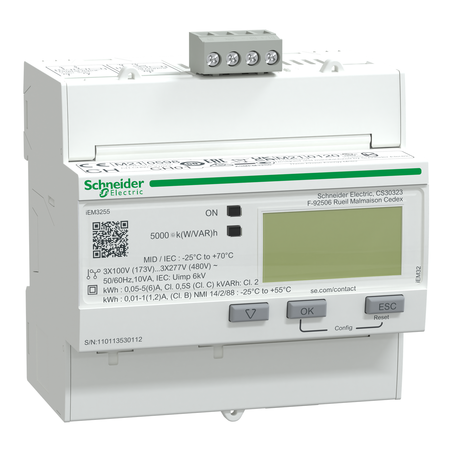 Schneider Electric-A9MEM3255-Acti9 iEM - compteur d'énergie tri - TI - multitarif - alarme kW - Modbus - MID