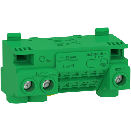 Schneider Electric-LGYT1E14-Resi9 - bornier terre 63A + cavalier - auto 11x1,5² à 4² - vis 3x6² à 25²