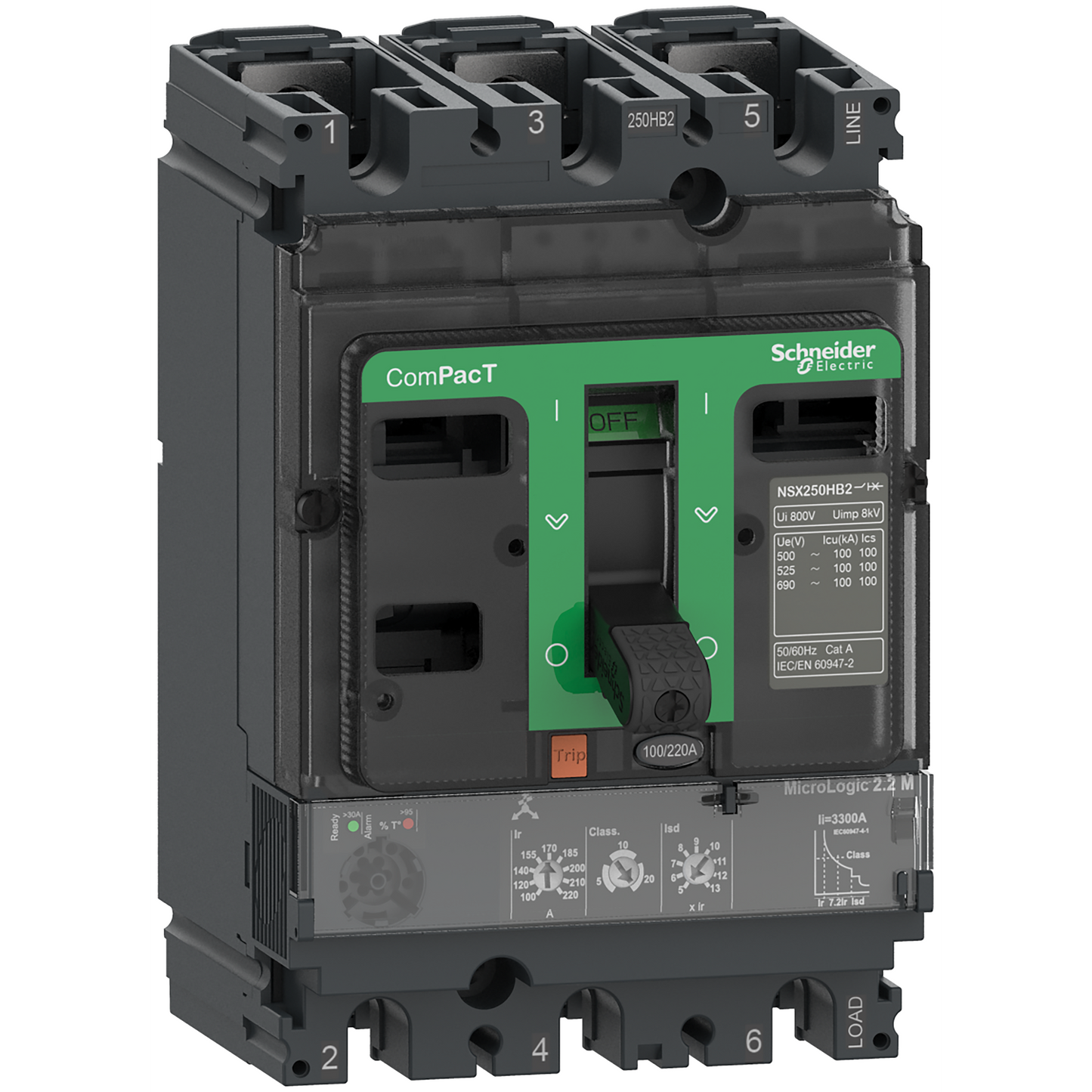 Schneider Electric-C25W32M220-ComPacT NSX250HB2 - Disjoncteur - MicroLogic 2.2M 220A - 3P3D - 100kA - fixe