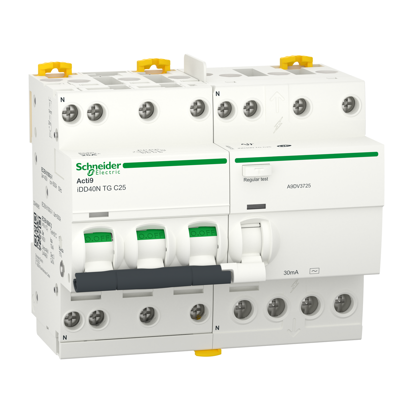 Schneider Electric-A9DV3725-Acti9 iDD40N - Disj. dif. tête de grp - 3P+N 25A - C - 6000A/10kA - 30mA Type AC