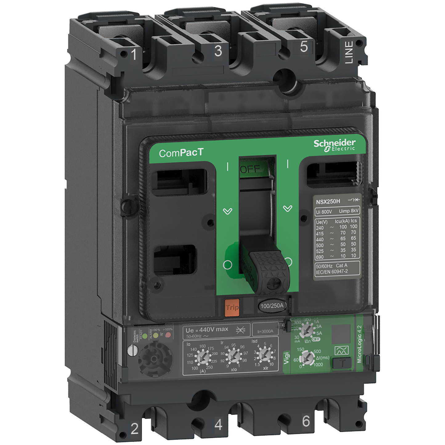 Schneider Electric-C25H34V250-ComPacT NSX250H - Disjoncteur Vigi - MicroLogic 4.2 250A - 3P3D - 70kA - fixe
