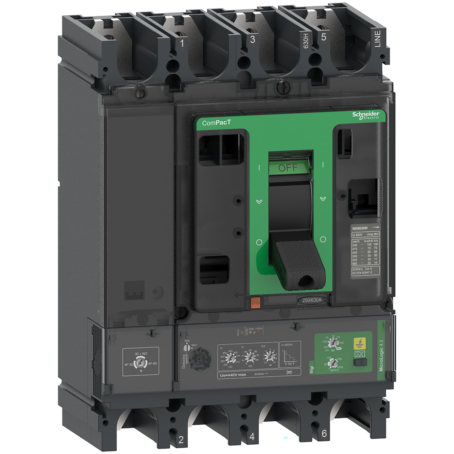 Schneider Electric-C63N44V570-ComPacT NSX630N - Disjoncteur Vigi - MicroLogic 4.3 570A - 4P4D - 50kA - fixe