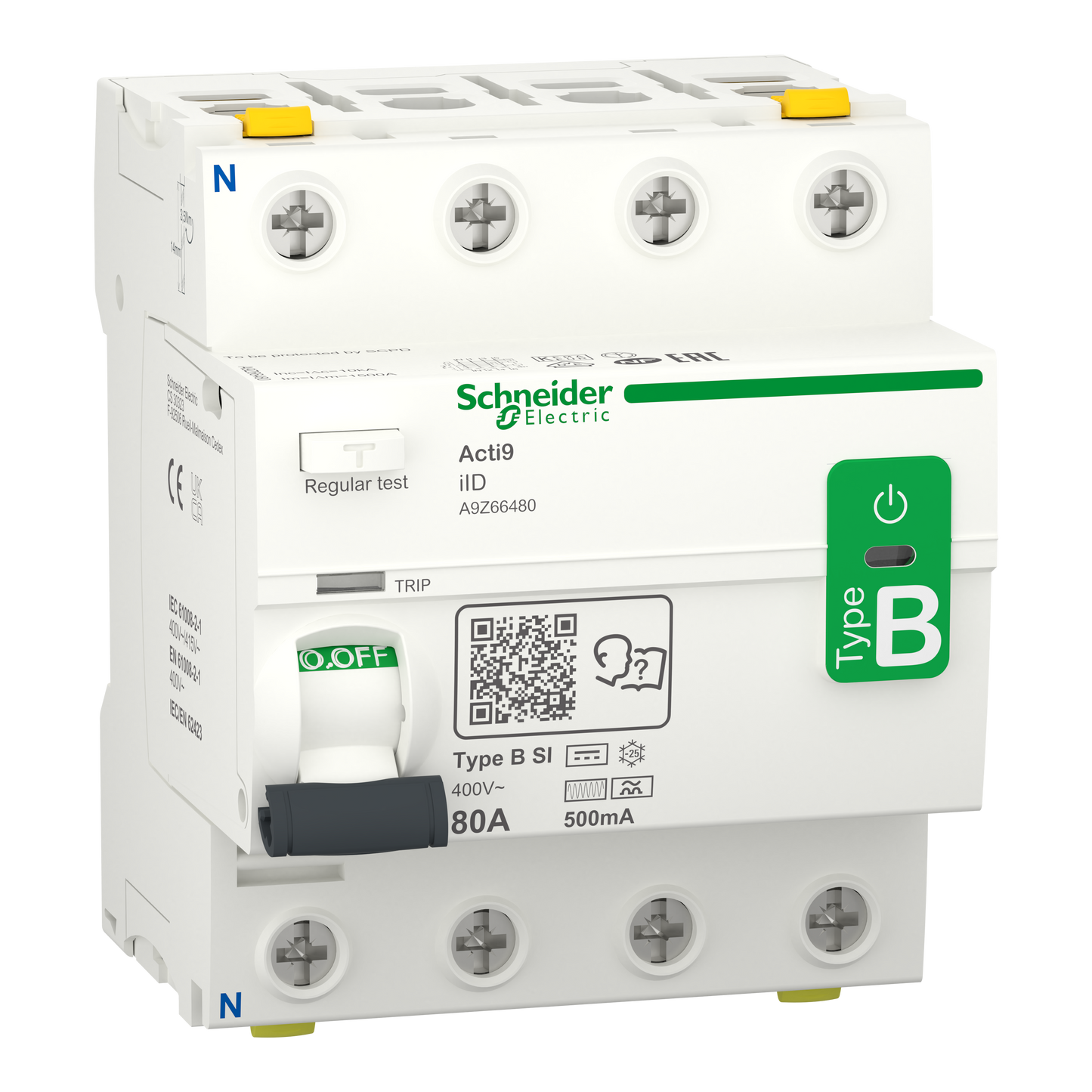 Schneider Electric-A9Z66480-Acti9 iID - interrupteur différentiel - 4P - 80A - 500mA - type B - SI - 400V