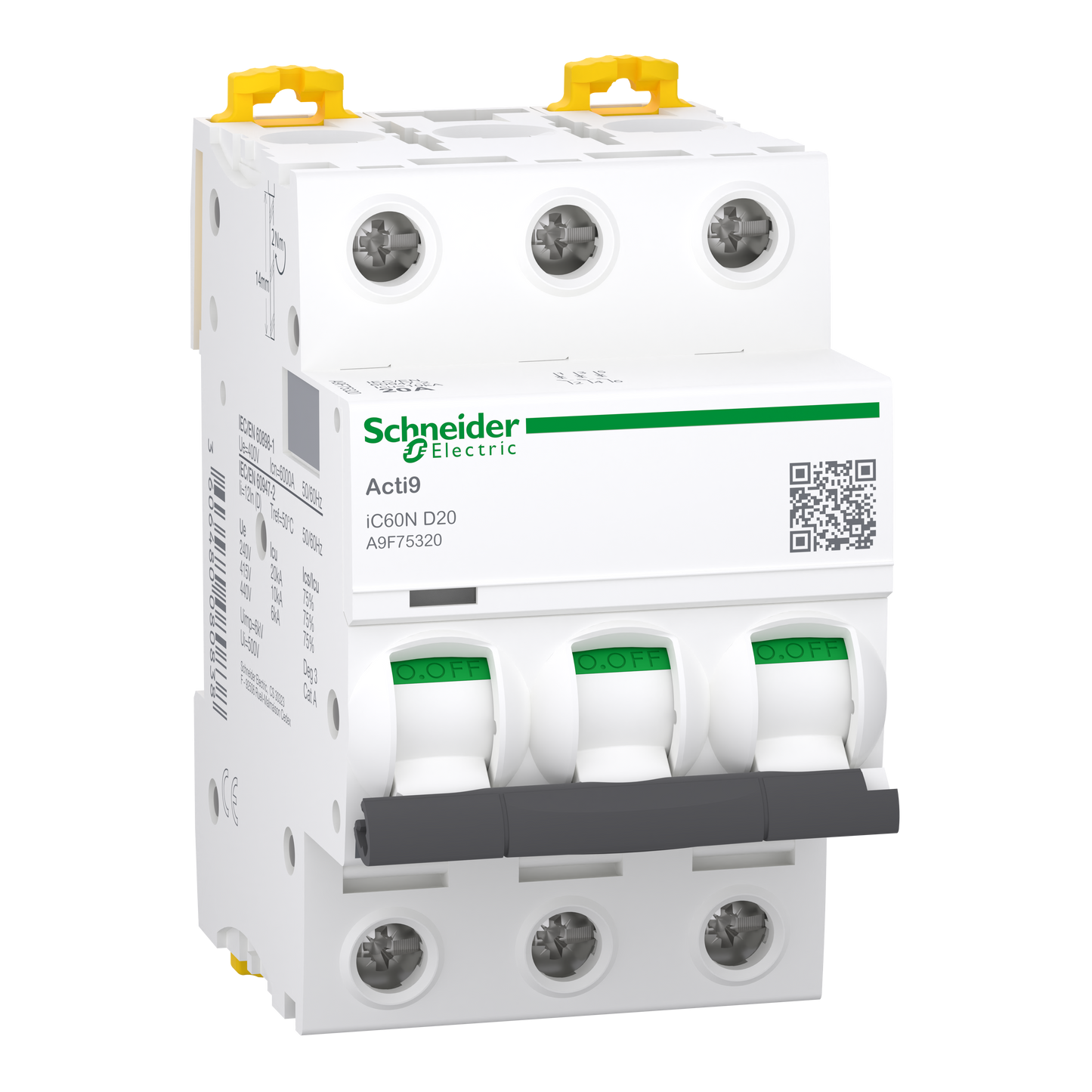 Schneider Electric-A9F75320-Acti9 iC60N - Disjoncteur - 3P - 20A - Courbe D - 400Vca - 6000A/10kA