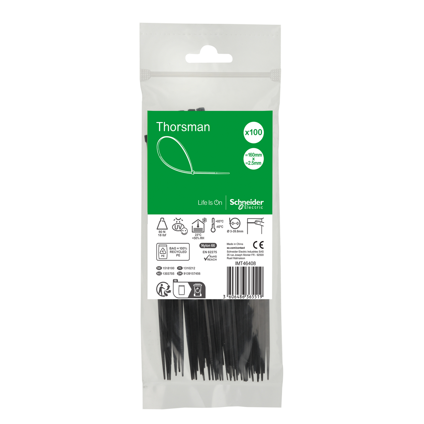 Schneider Electric-IMT46408-Thorsman colliers de serrage 160x2.5 Noir, 100p