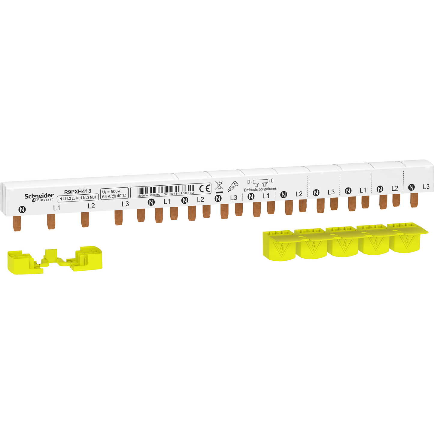 Schneider Electric-R9PXH413-Resi9 - peigne monobloc - 3P+N - 63A - 13 modules - cache dents 5M