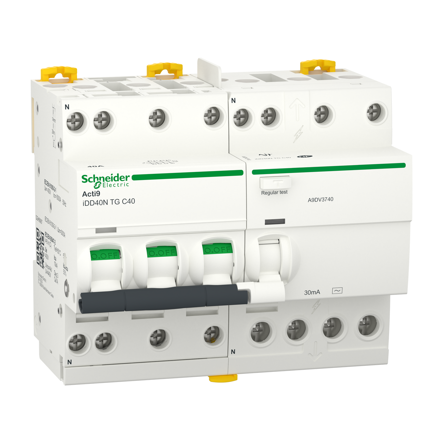 Schneider Electric-A9DV3740-Acti9 iDD40N - Disj. dif. tête de grp - 3P+N 40A - C - 6000A/10kA - 30mA Type AC
