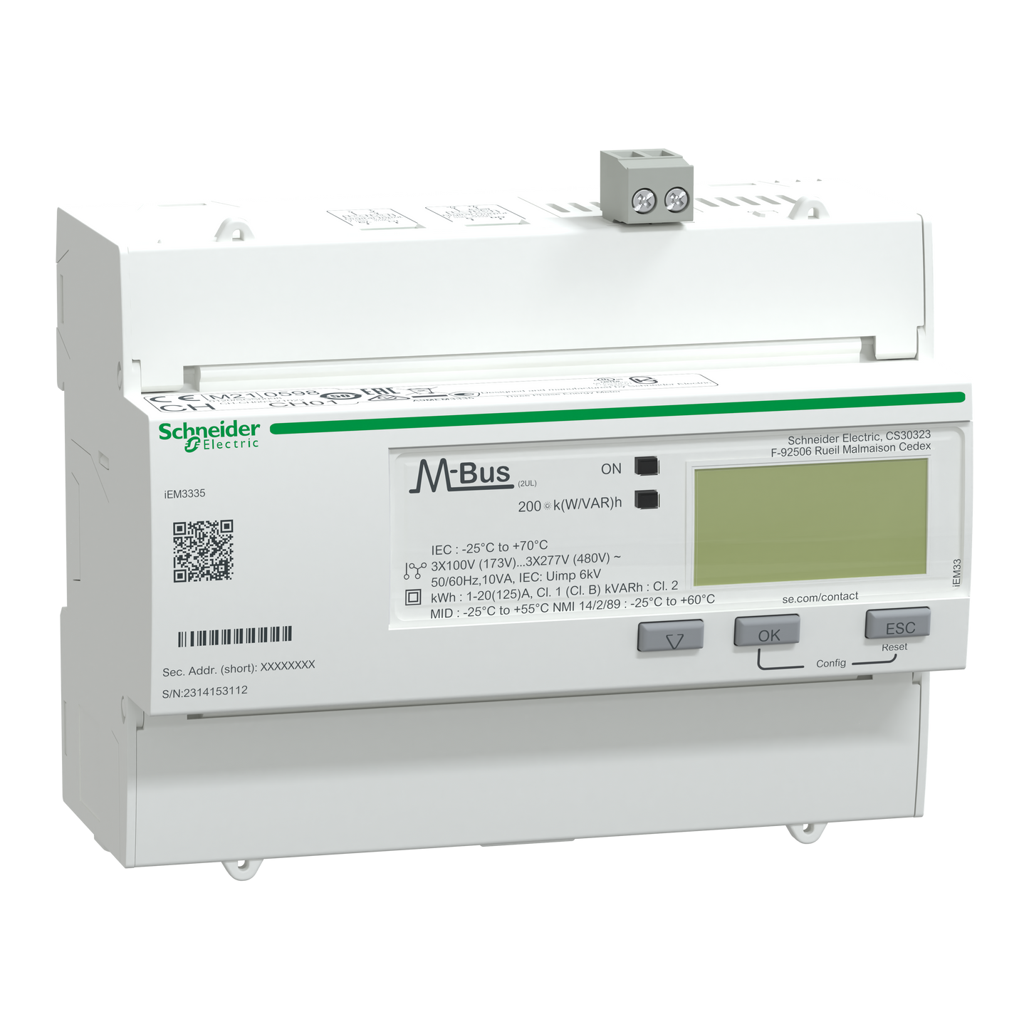 Schneider Electric-A9MEM3335-Acti9 iEM - compteur d'énergie tri - 125A - multitarif - alarme kW - Mbus - MID