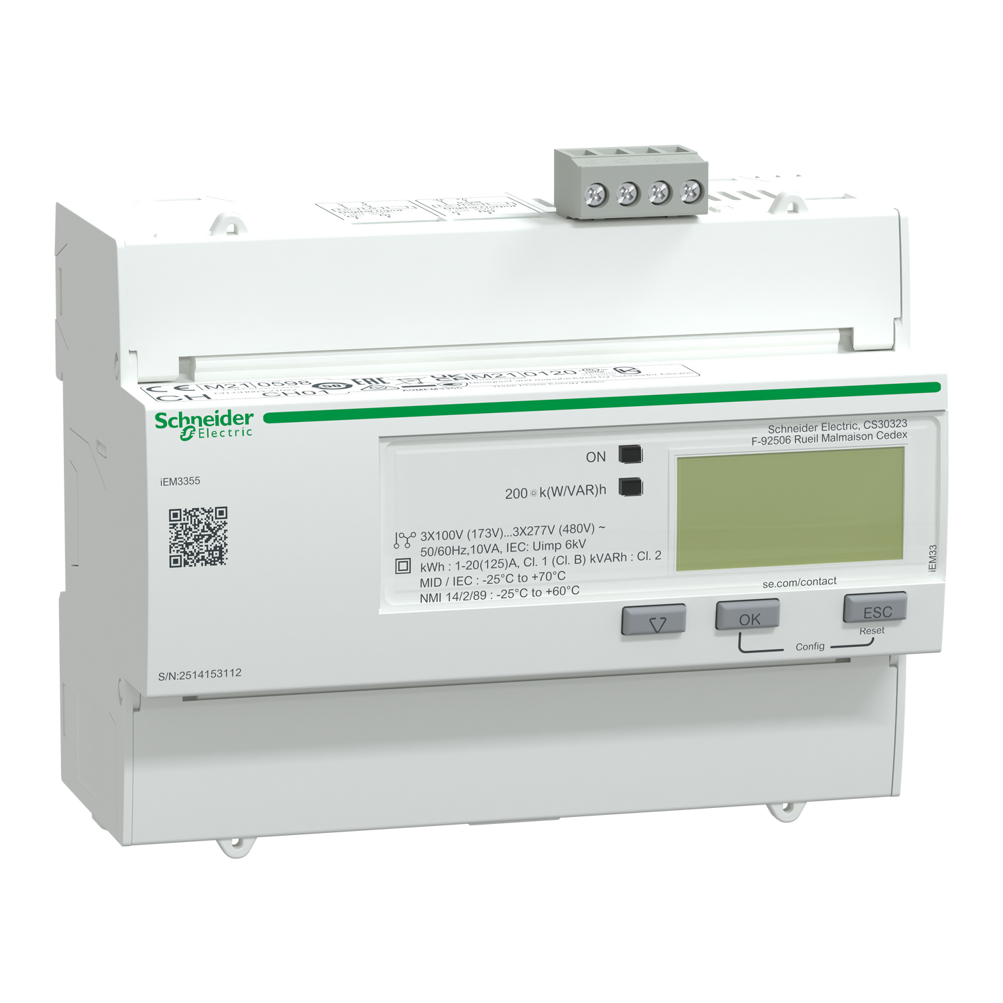 Schneider Electric-A9MEM3355-Acti9 iEM - compteur d'énergie tri - 125A - multitarif - alarme kW - Modbus -MID