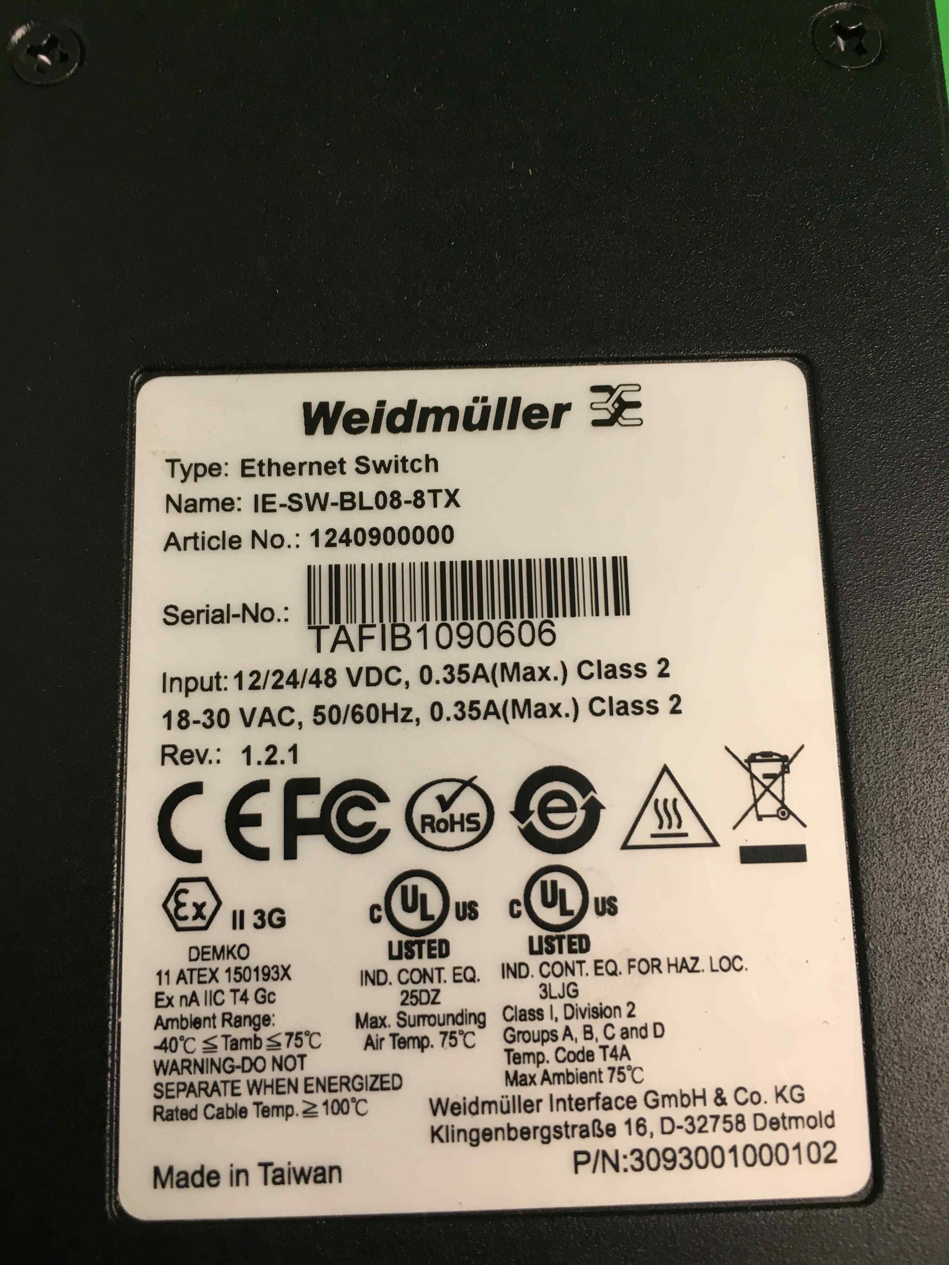 WEIDMULLER IE-SW-BL08-8TX IESWBL088TX ARTICLE NO: 1240900000