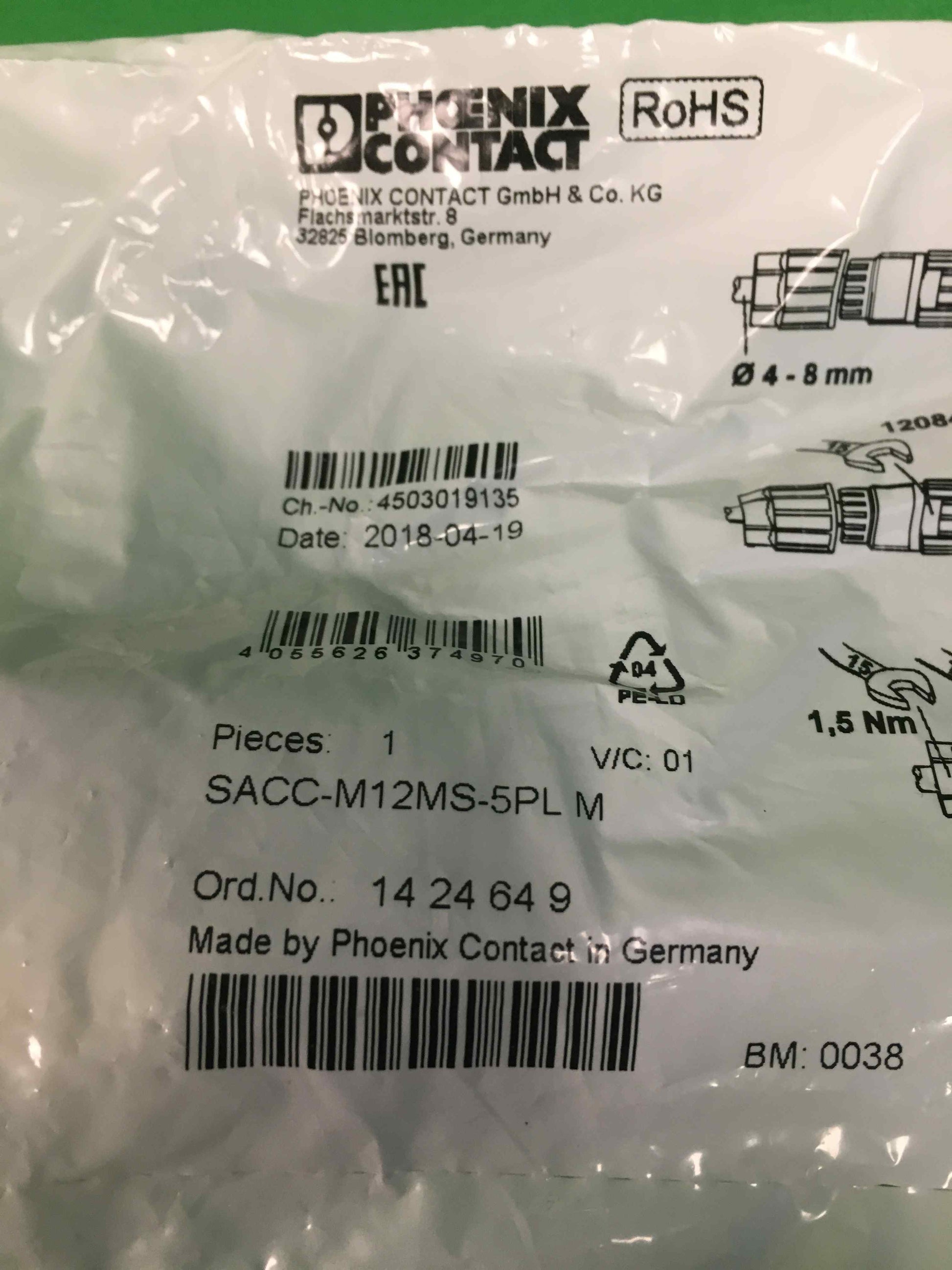 PHOENIX CONTACT SACC-M12MS-5PL M SACCM12MS5PLM ORDER NO : 14 24 64 9