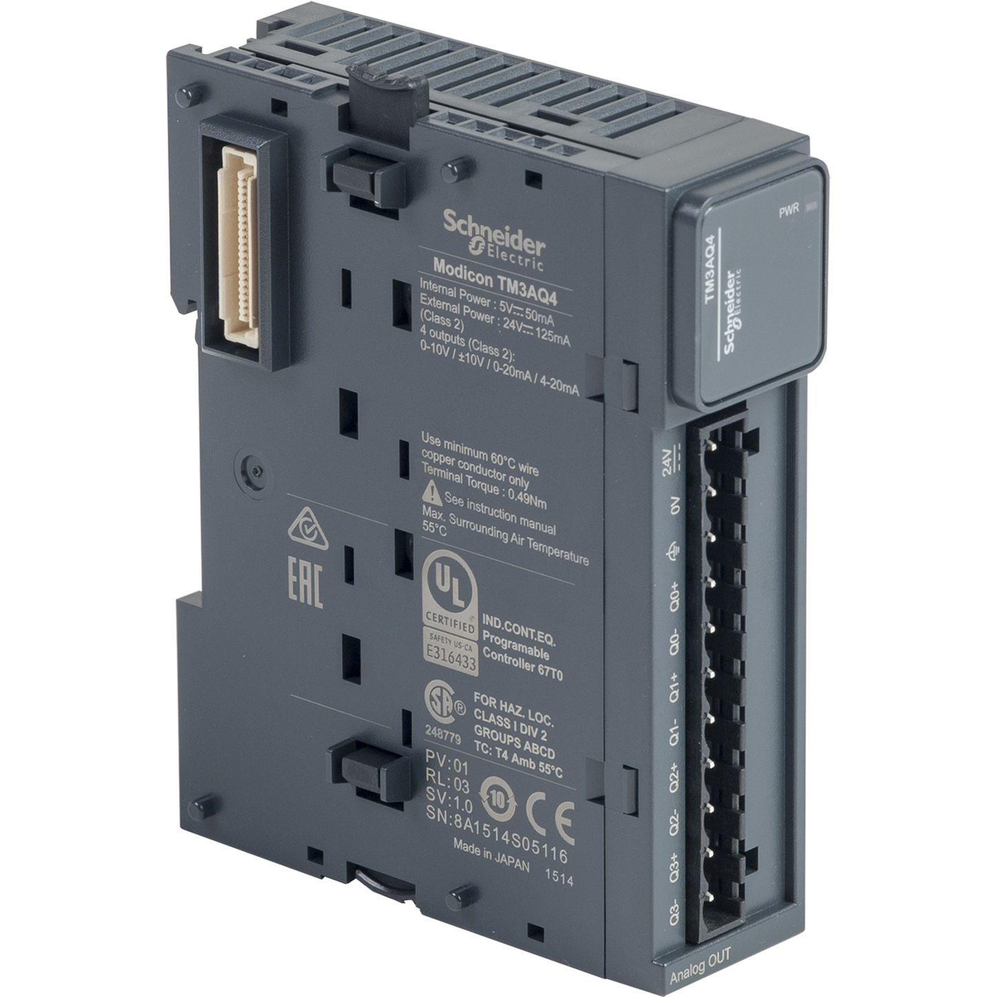 Schneider Electric-TM3AQ4-Modicon TM3, module 4 sorties analogiques, -10-0-10V, 0/4-20mA, à vis
