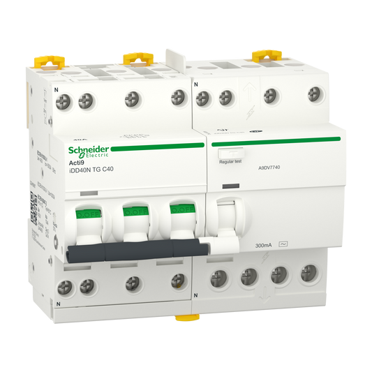 Schneider Electric-A9DV7740-Acti9 iDD40N - Disj dif. tête de grp - 3P+N 40A - C - 6000A/10kA - 300mA Type AC