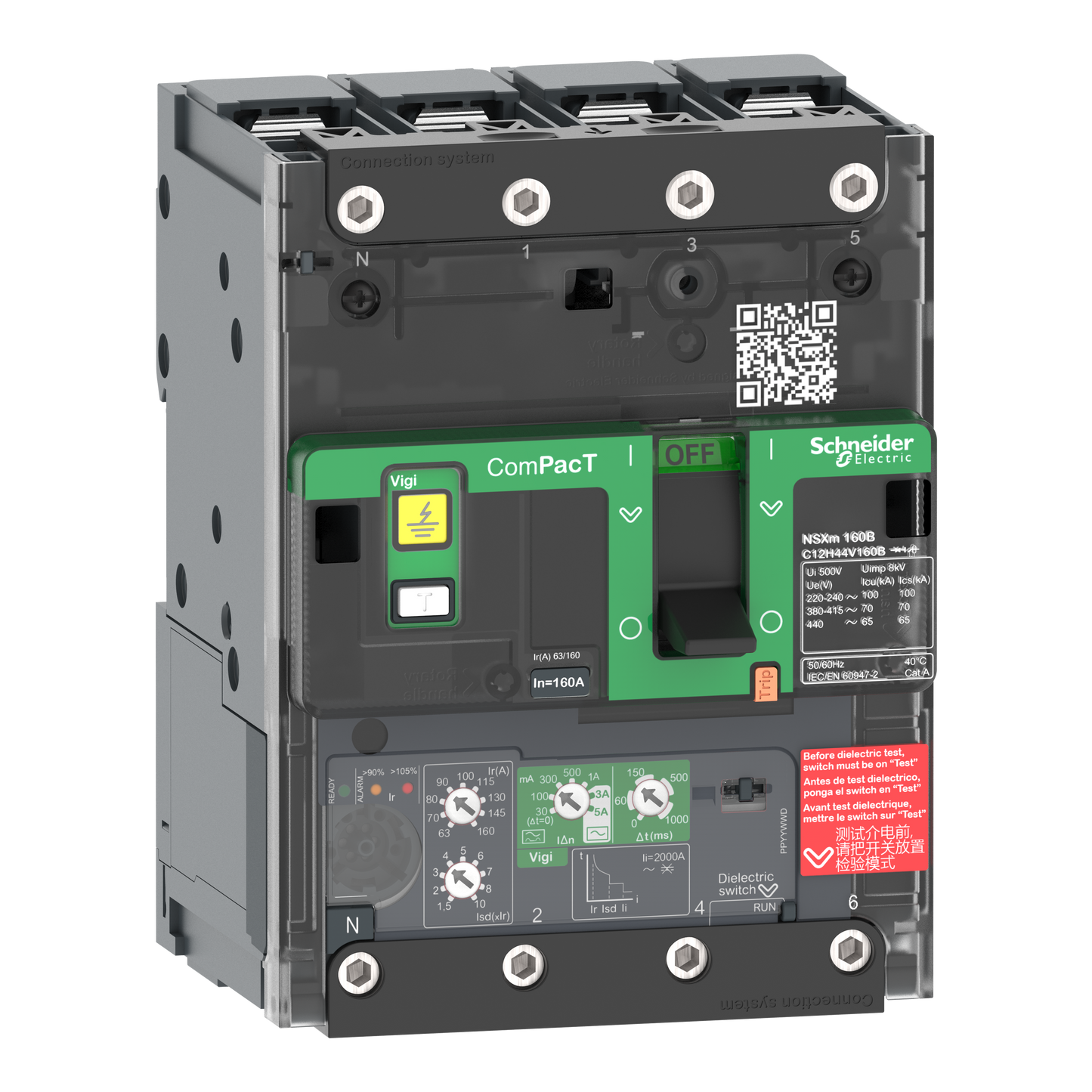 Schneider Electric-C12F44V160B-ComPacT NSXmF - disj Vigi - MicroLogic 4.1 160A - 4P4D - 36kA - borne à cosses