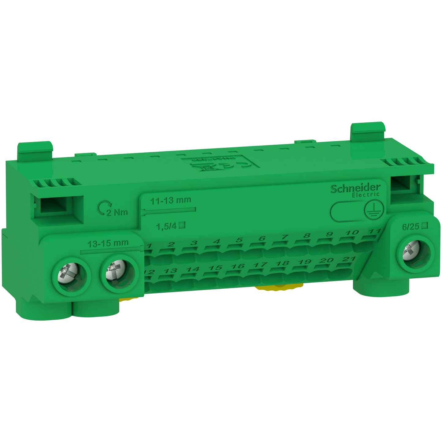 Schneider Electric-LGYT1E24-Resi9 - bornier terre 63A + cavalier - auto 21x1,5² à 4² - vis 3x6² à 25²