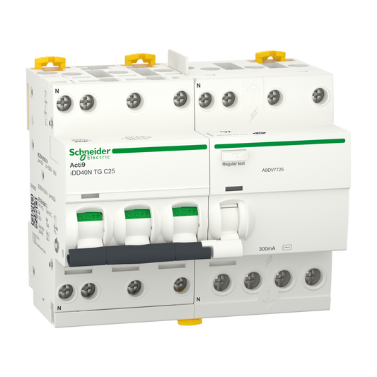Schneider Electric-A9DV7725-Acti9 iDD40N - Disj dif. tête de grp - 3P+N 25A - C - 6000A/10kA - 300mA Type AC