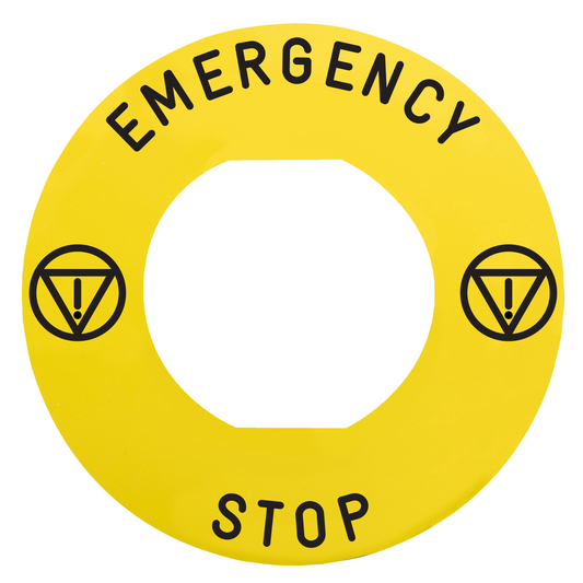 Schneider Electric-ZBY9330M-Harmony - étiq plate - jaune - logo EN - 'EMERGENCY STOP' - Ø60 - pour ZBZ1605