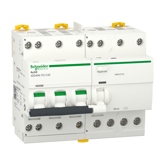 Schneider Electric-A9DV3732-Acti9 iDD40N - Disj. dif. tête de grp - 3P+N 32A - C - 6000A/10kA - 30mA Type AC