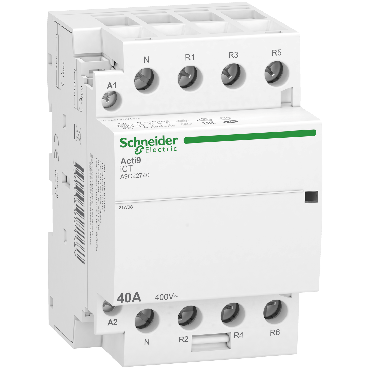 Schneider Electric-A9C22740-Acti9 iDT40 CT - Contacteur tête de grp 3P+N 40A AC7a - 4NF - 230/240Vca - 50Hz