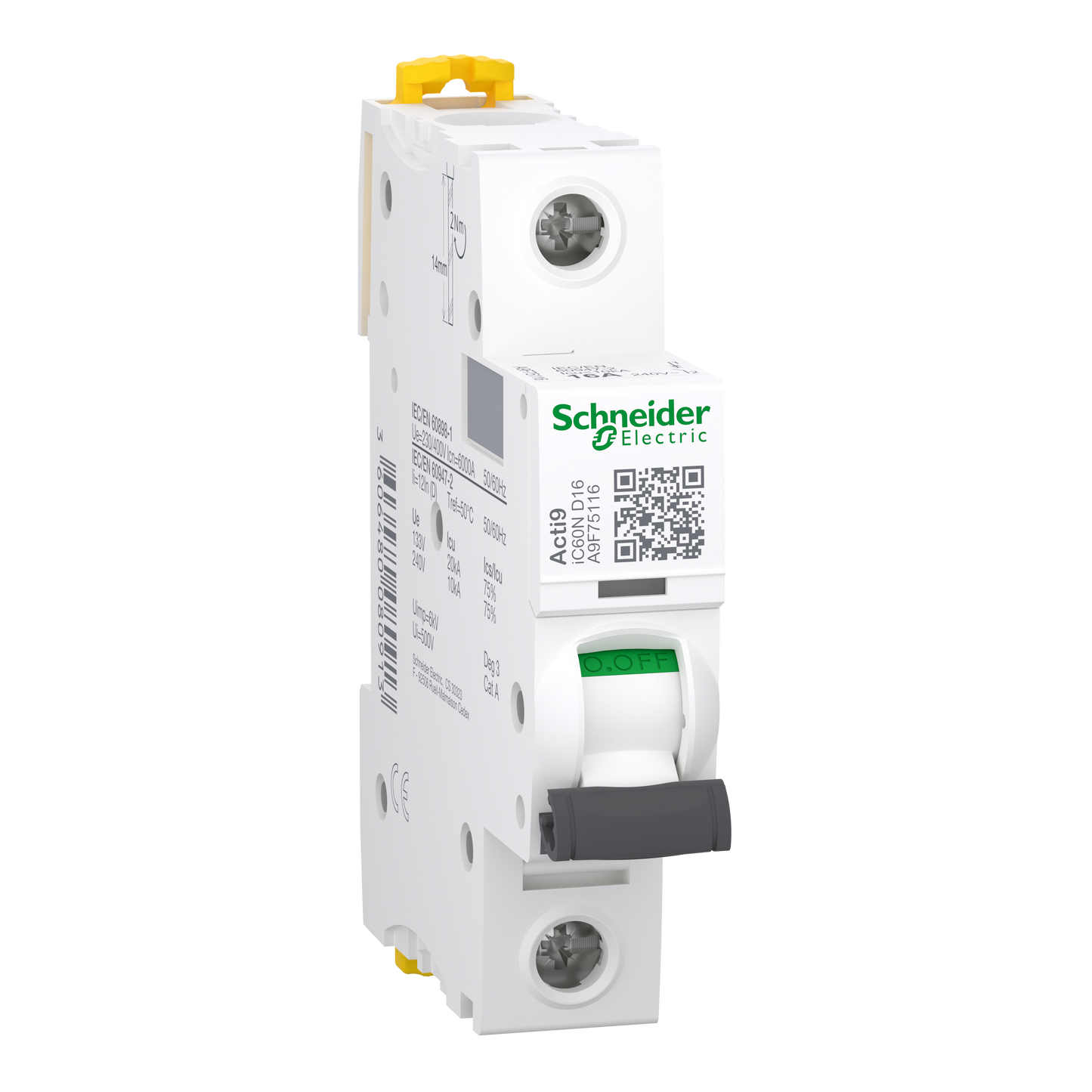 Schneider Electric-A9F75116-Acti9 iC60N - Disjoncteur - 1P - 16A - Courbe D - 230Vca - 6000A/10kA