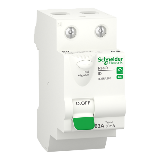 Schneider Electric-R9ERA263-Resi9 XE - interrupteur différentiel - 2P - 63A - 30mA - Type A - embrochable