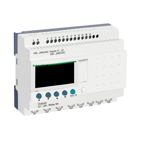 Schneider Electric-SR2B201FU-Zelio Logic - relais intelligent compact - 20E/S 100..240Vca - horloge - affi.