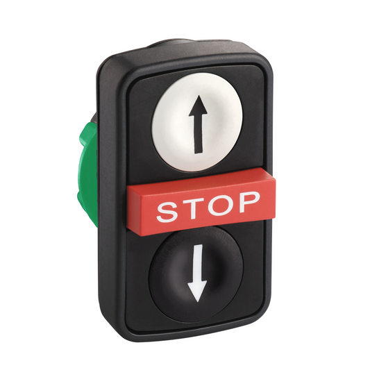 Schneider Electric-ZB5AA71124-Harmony tête bt-pous Ø22 blanc+noire+rouge flèche ht bas STOP IP67, IP69, IP69K