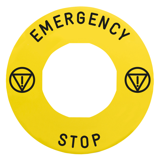 Schneider Electric-ZBY9330T-Harmony étiquette circulaire Ø60mm jaune logo EN13850 EMERGENCY STOP pr ZBZ3605