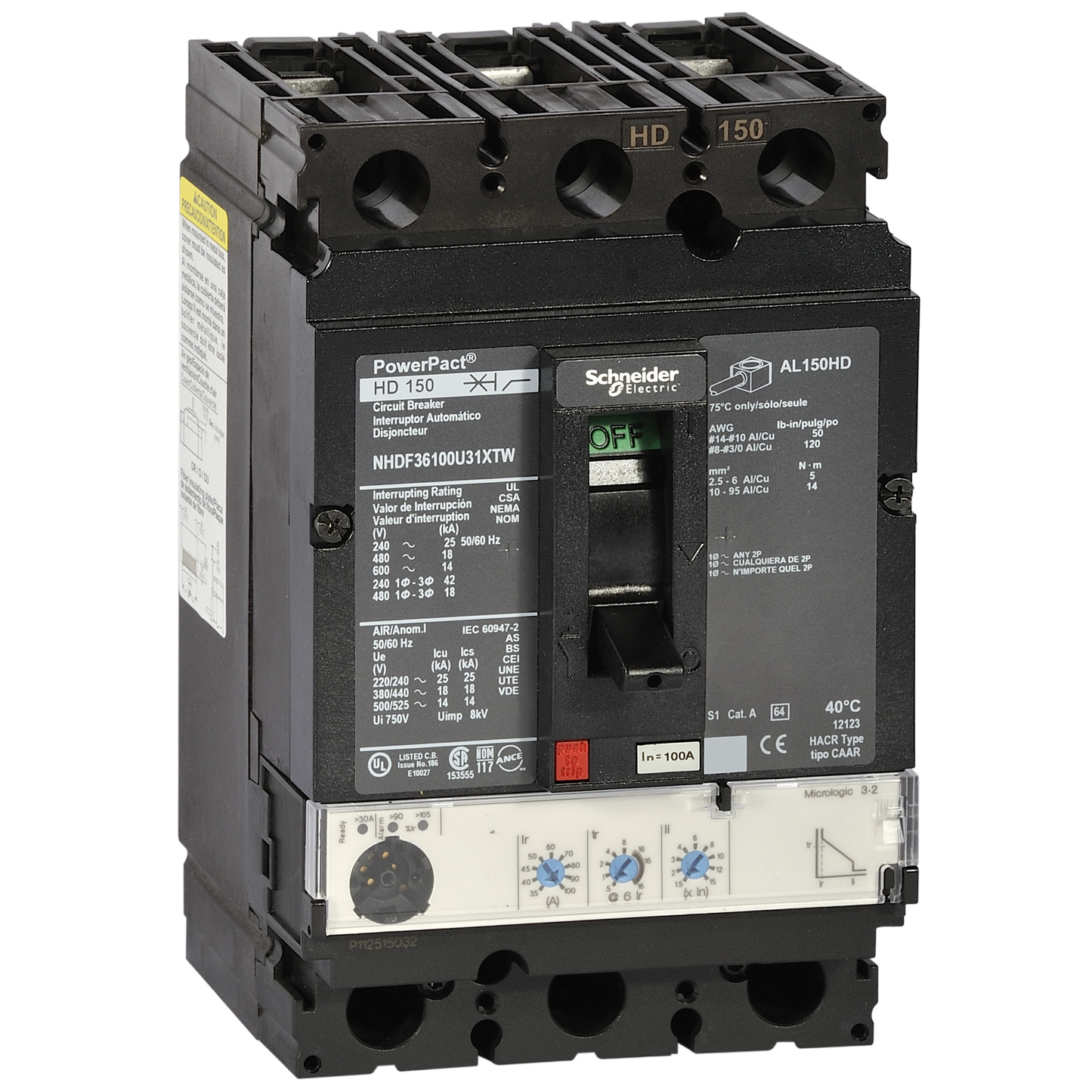Schneider Electric-NHJF36100U31XTW-PowerPact H - disjoncteur 150A - sans bornes - 65kA Micrologic 3.2 100A 3P 3d