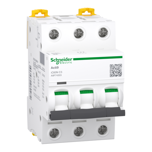Schneider Electric-A9F74303-Acti9 iC60N - Disjoncteur - 3P - 3A - Courbe C - 400Vca - 6000A/50kA