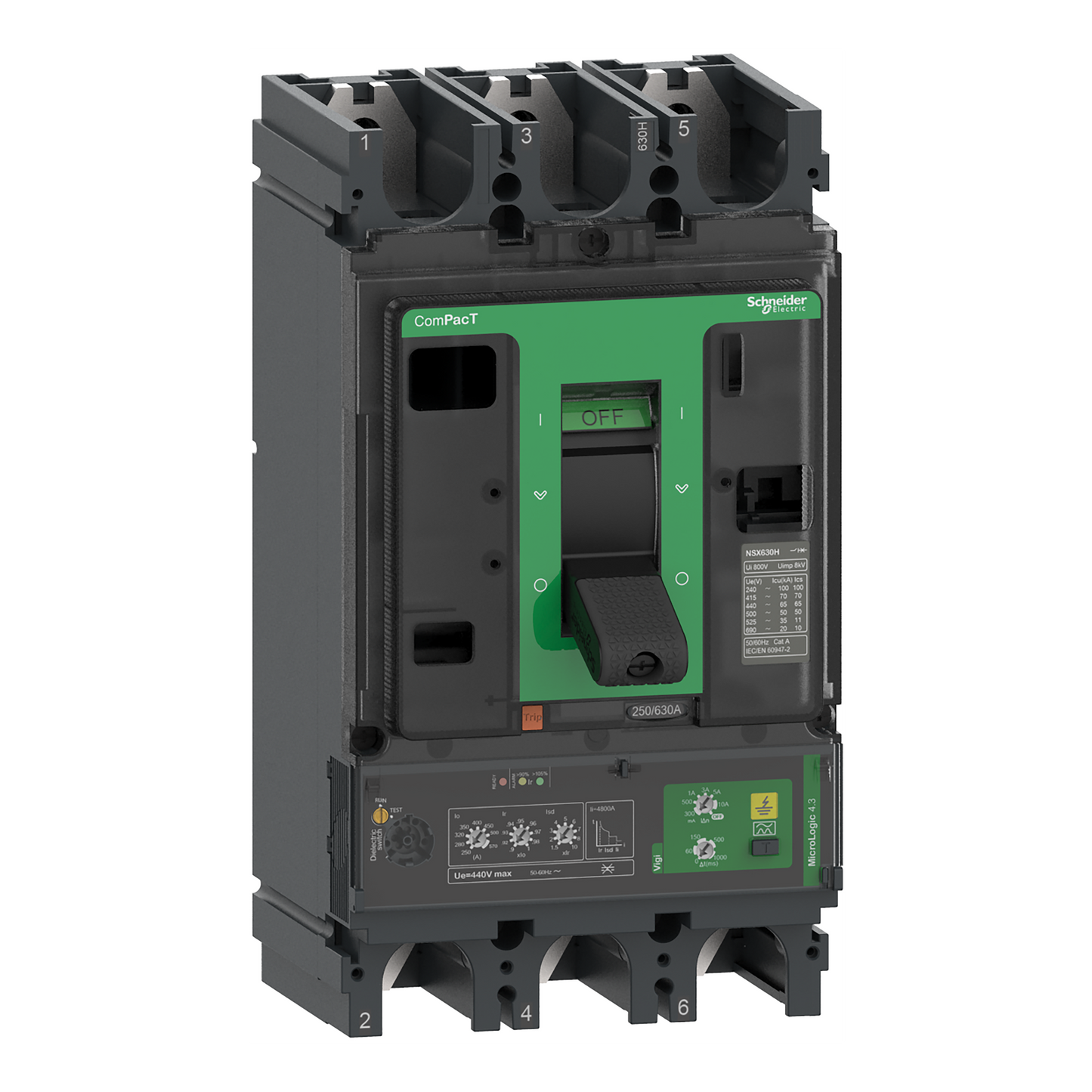 Schneider Electric-C63H34V570-ComPacT NSX630H - Disjoncteur Vigi - MicroLogic 4.3 570A - 3P3D - 70kA - fixe