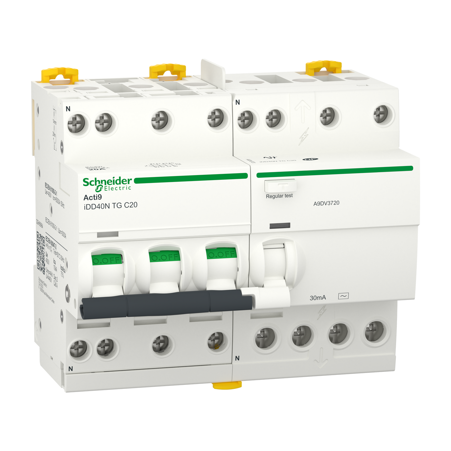 Schneider Electric-A9DV3720-Acti9 iDD40N - Disj. dif. tête de grp - 3P+N 20A - C - 6000A/10kA - 30mA Type AC