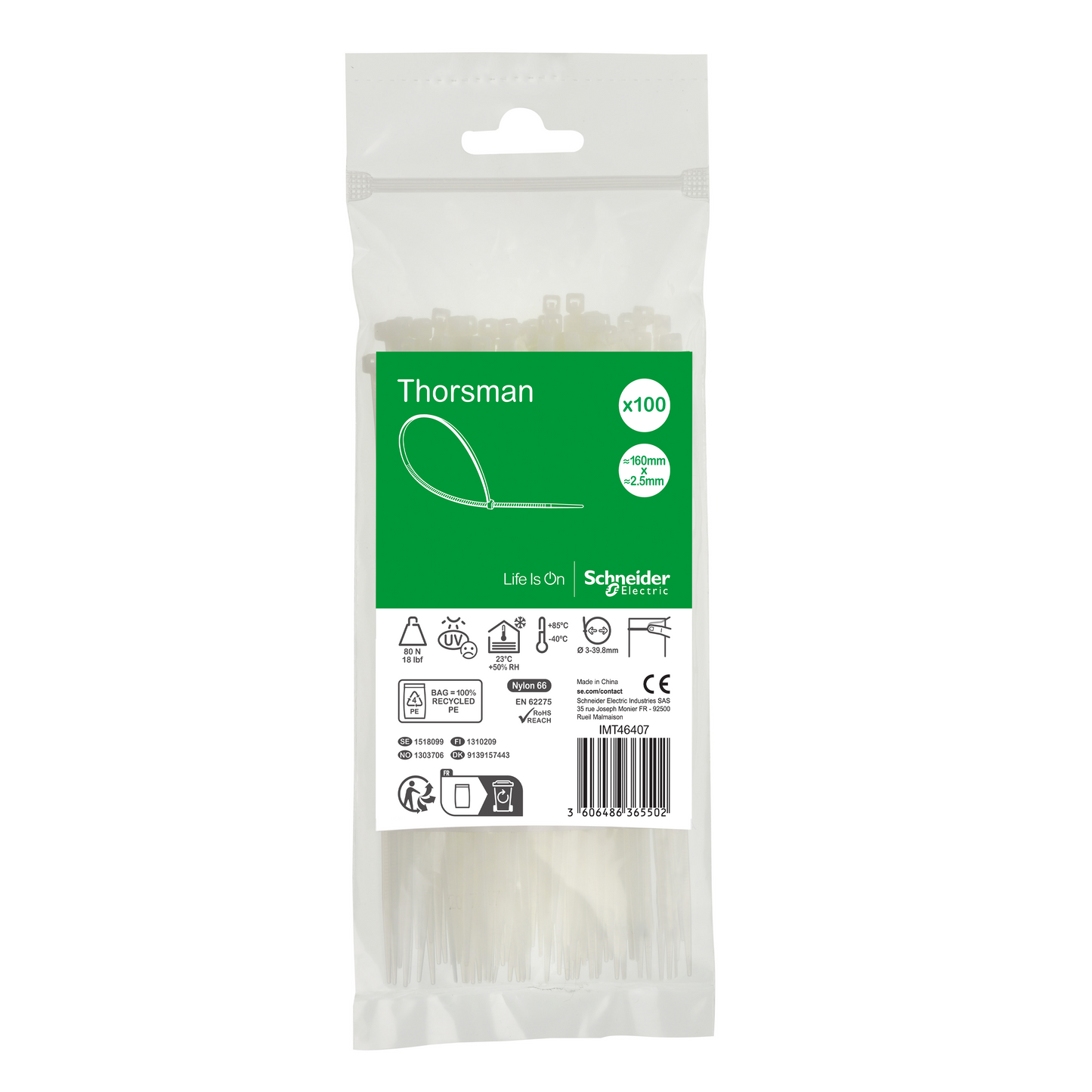 Schneider Electric-IMT46407-Thorsman colliers de serrage 160x2.5 Incolore, 100p