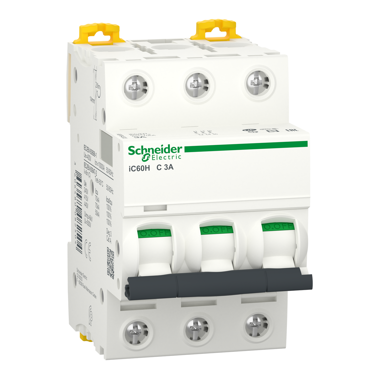 Schneider Electric-A9F84303-Acti9 iC60H - Disjoncteur - 3P - 3A - Courbe C - 400Vca - 10000A/70kA