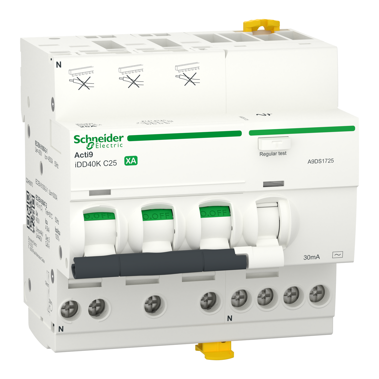 Schneider Electric-A9DS1725-Acti9 iDD40K XA - Disj dif auto/vis - 3P+N - 25A - Crb C - 4500A - 30mA Type AC