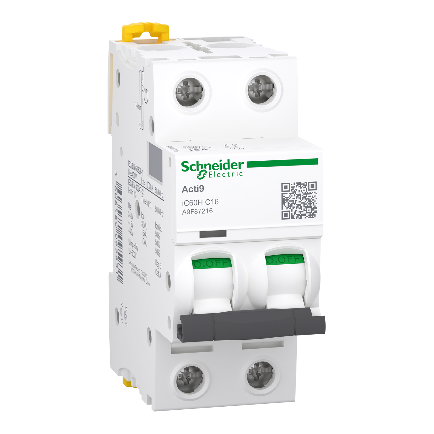 Schneider Electric-A9F87216-Acti9 iC60H - Disjoncteur - 2P - 16A - Courbe C - 400Vca - 10000A/15kA