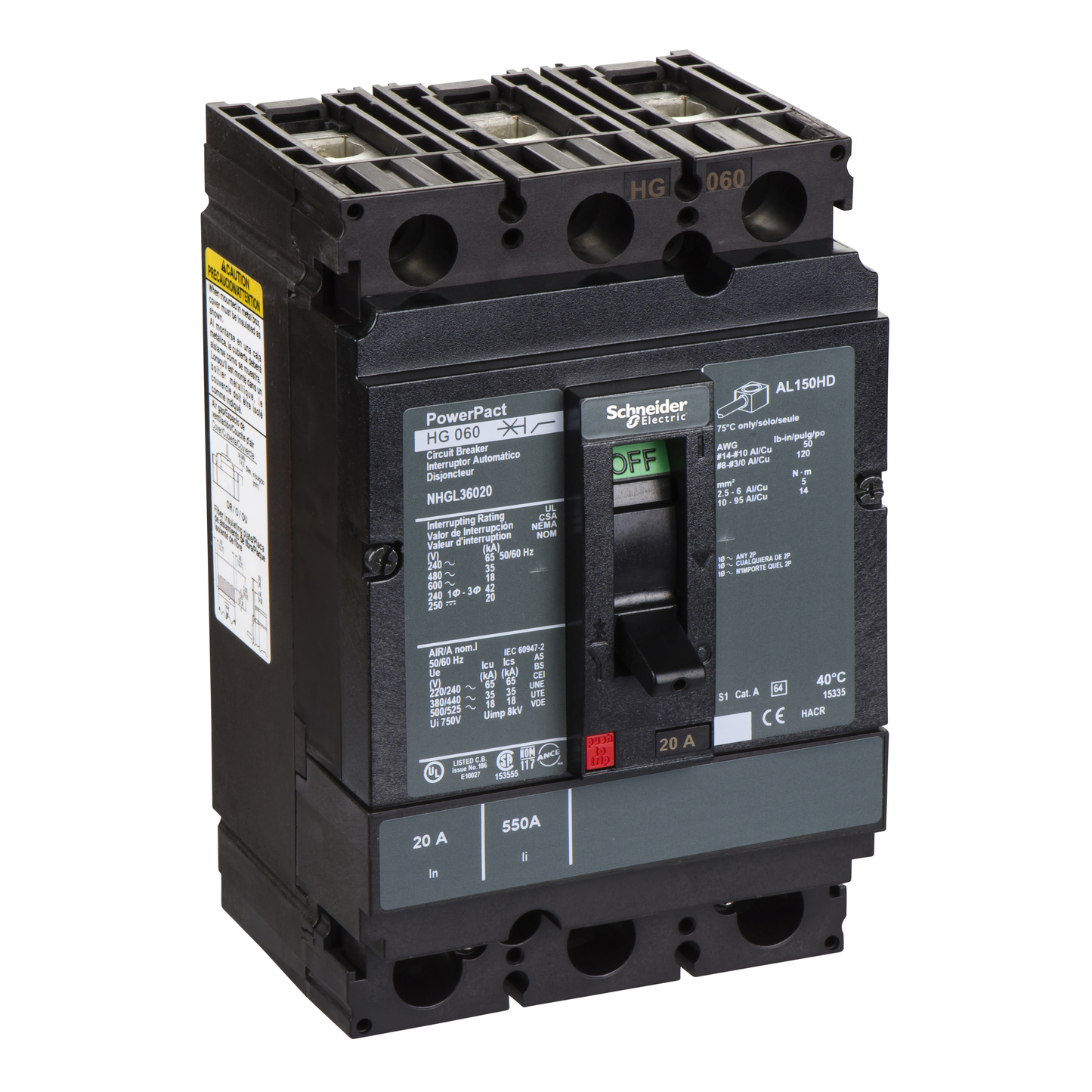 Schneider Electric-NHGL36020-PowerPact H - disjoncteur 150A - avec bornes - 35kA - TMD - 20A - 3P 3d