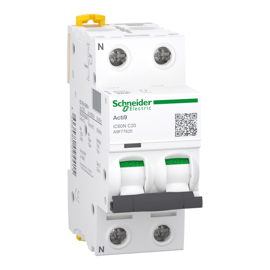 Schneider Electric-A9F77620-Acti9 iC60N - Disjoncteur - 1P+N - 20A - Courbe C - 230Vca - 6000A/10kA